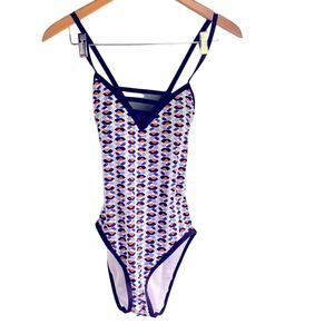 Nautica | One Piece Tank Swimsuit Crisscross Back Navy Orange Size Medium